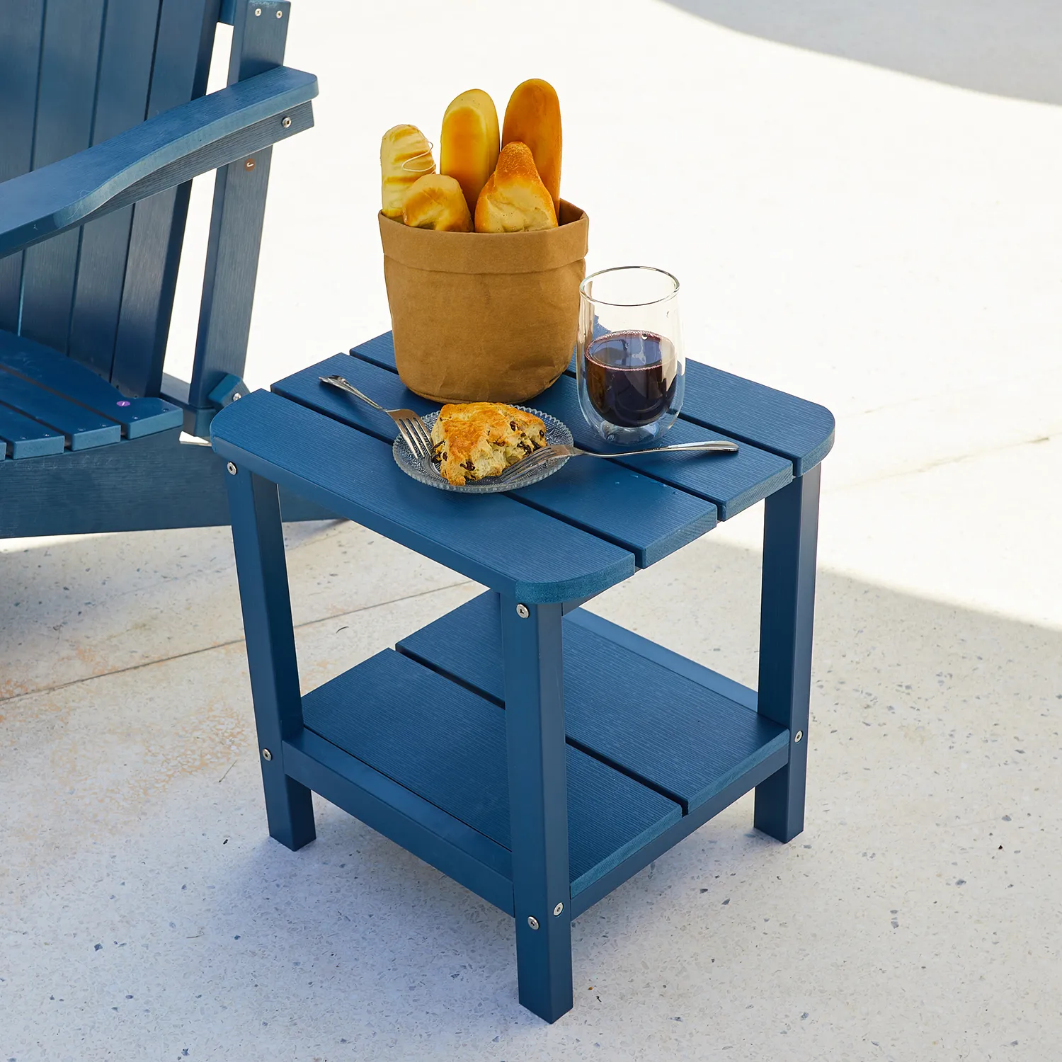 Navy Two Shelf Side Table Pair with Adirondack Chair