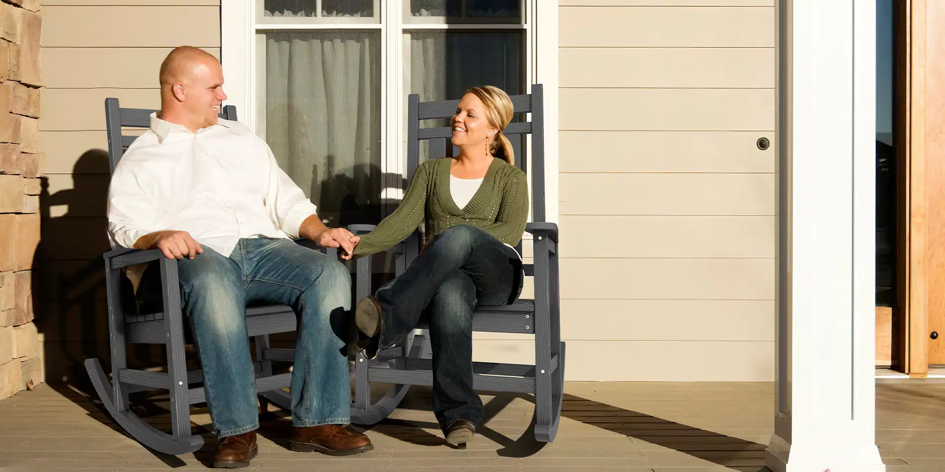 Couple chat on the porch rocker chair