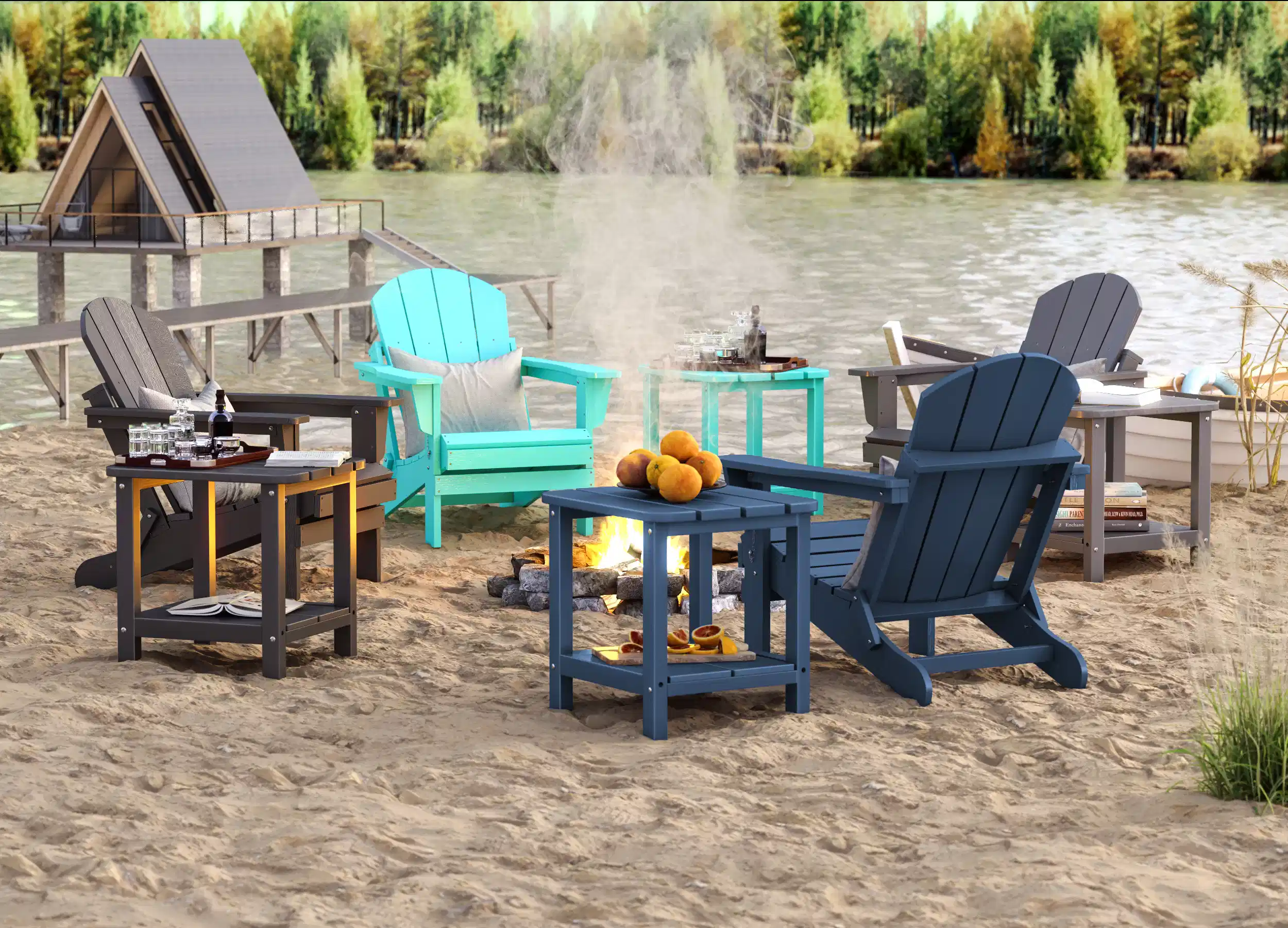 Multi-colored plastic adirondack side tables around the fire pit