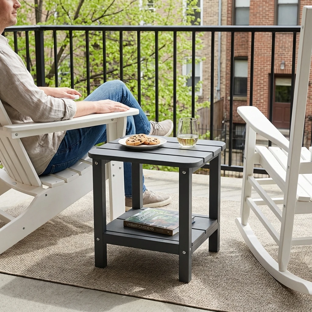 Two Shelf Side Table pair with chairs at balcony
