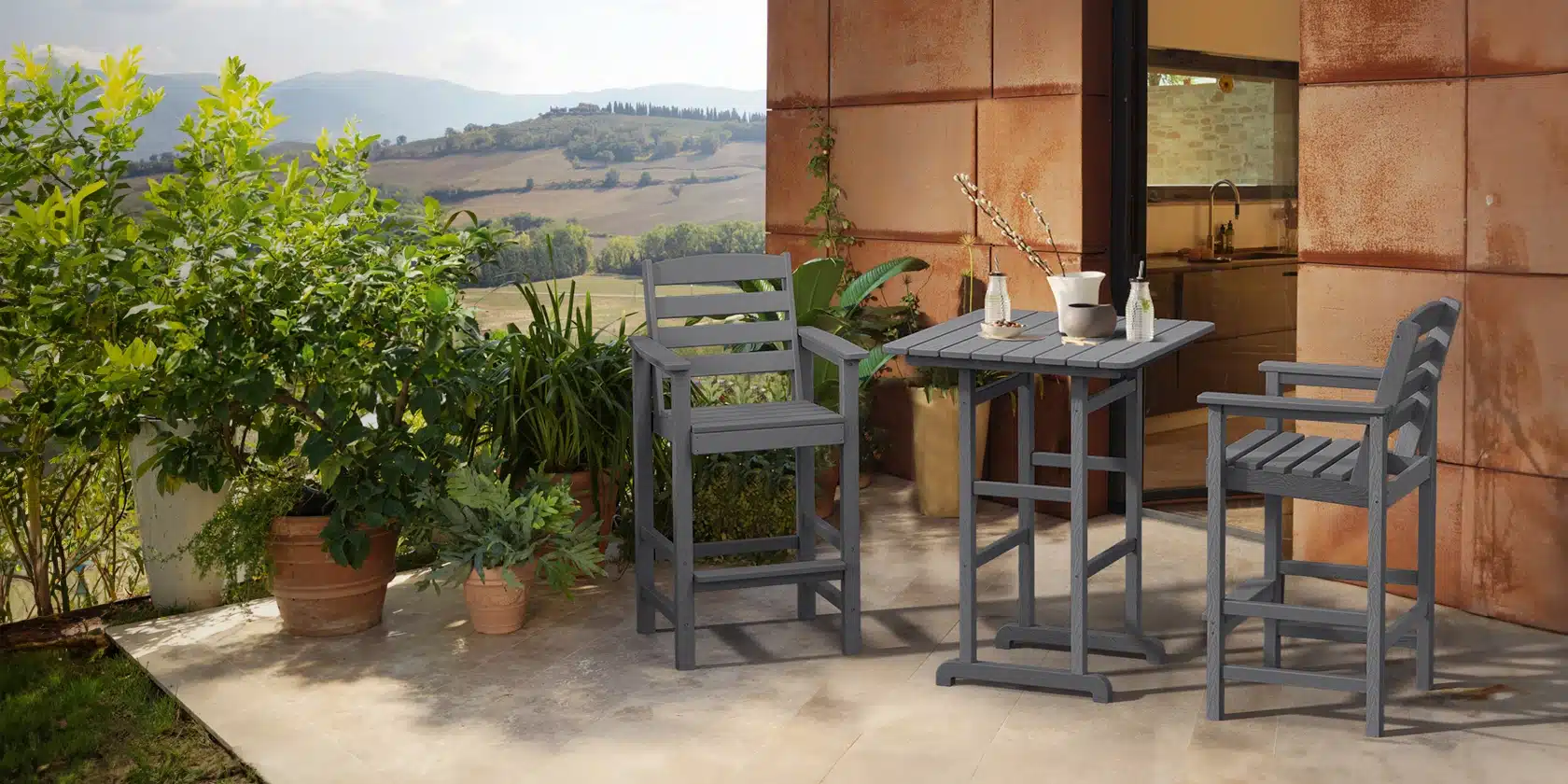 Dark Gray Outdoor Bar Table and Chairs on The Balcony