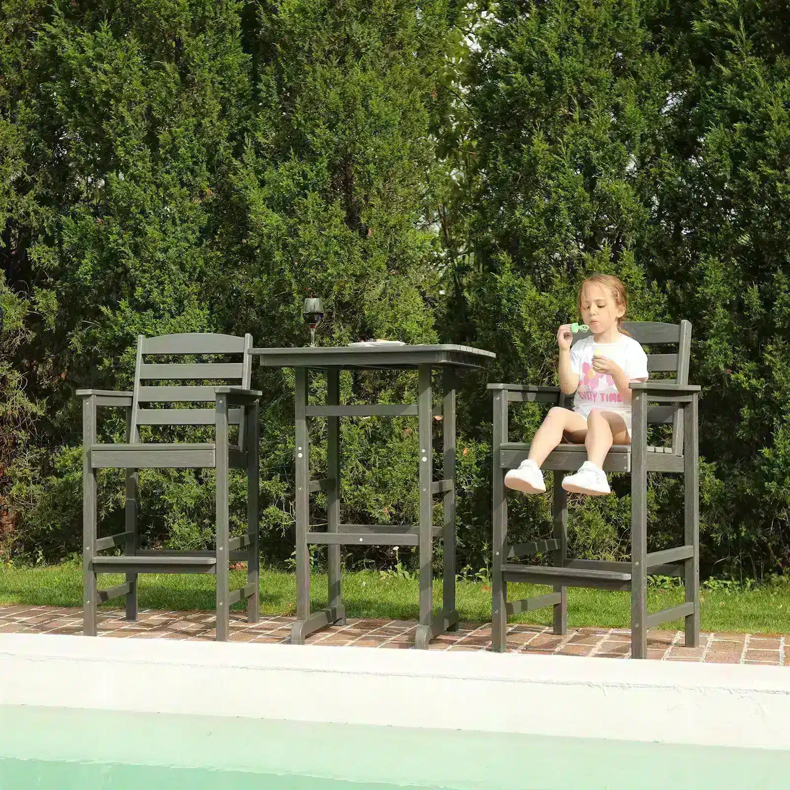 Kid play on the Tall Adirondack Chair Set of 2 with Square Bar Table
