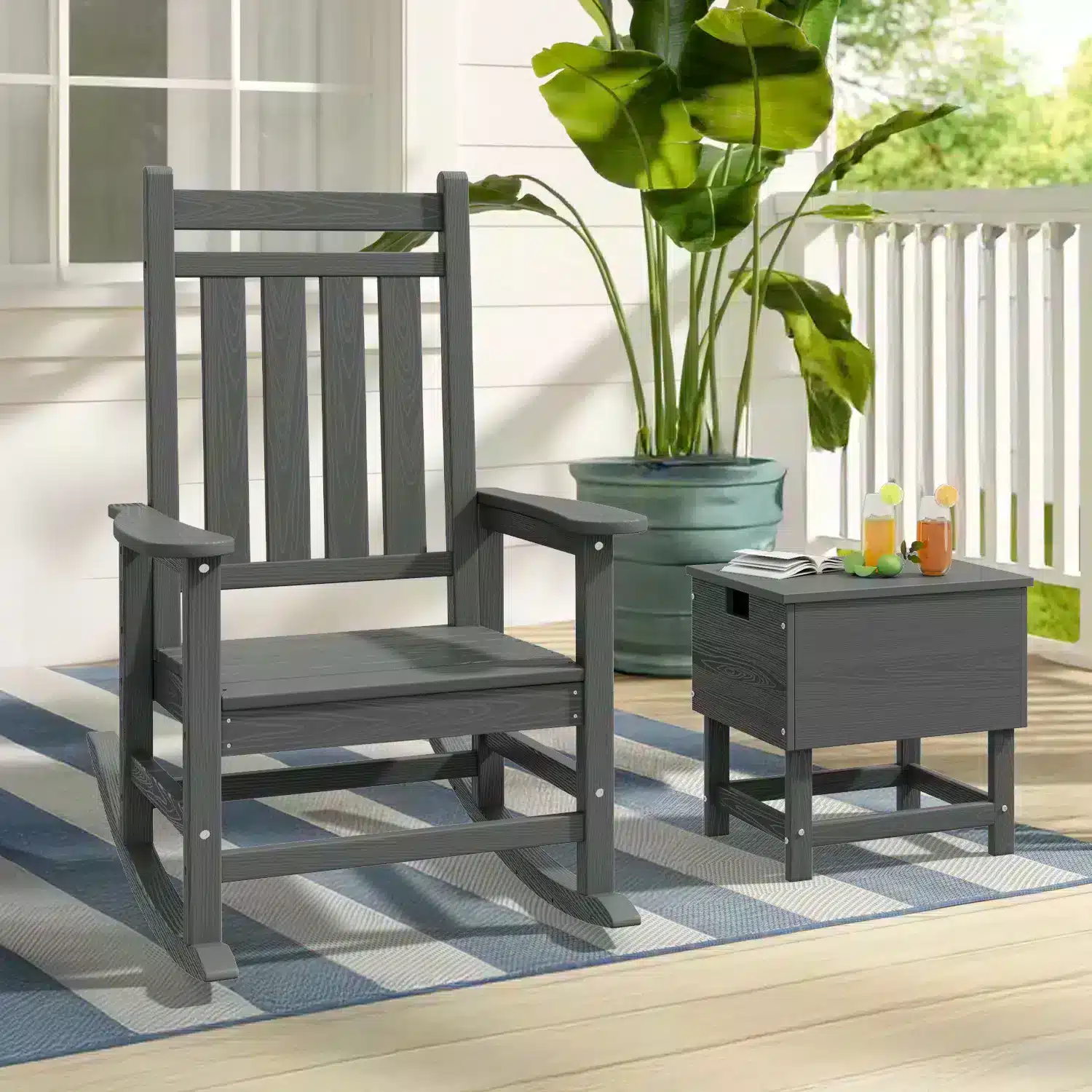 Porch Rocking Chair and Ice Bucket Side Table on the Front Porch