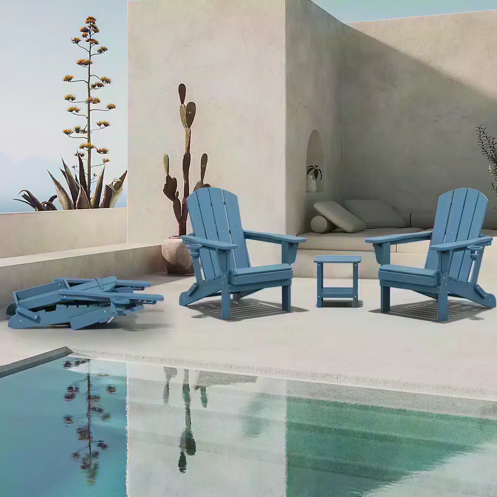 Blue Adjustable Back Adirondack Chairs by the Pool