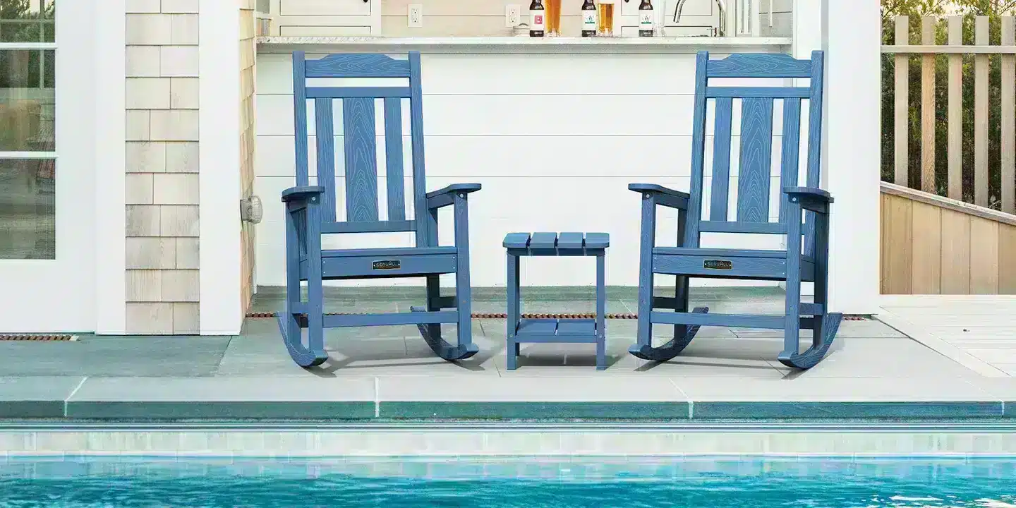 Navy Blue Composite Outdoor Rocking Chairs with Side Table