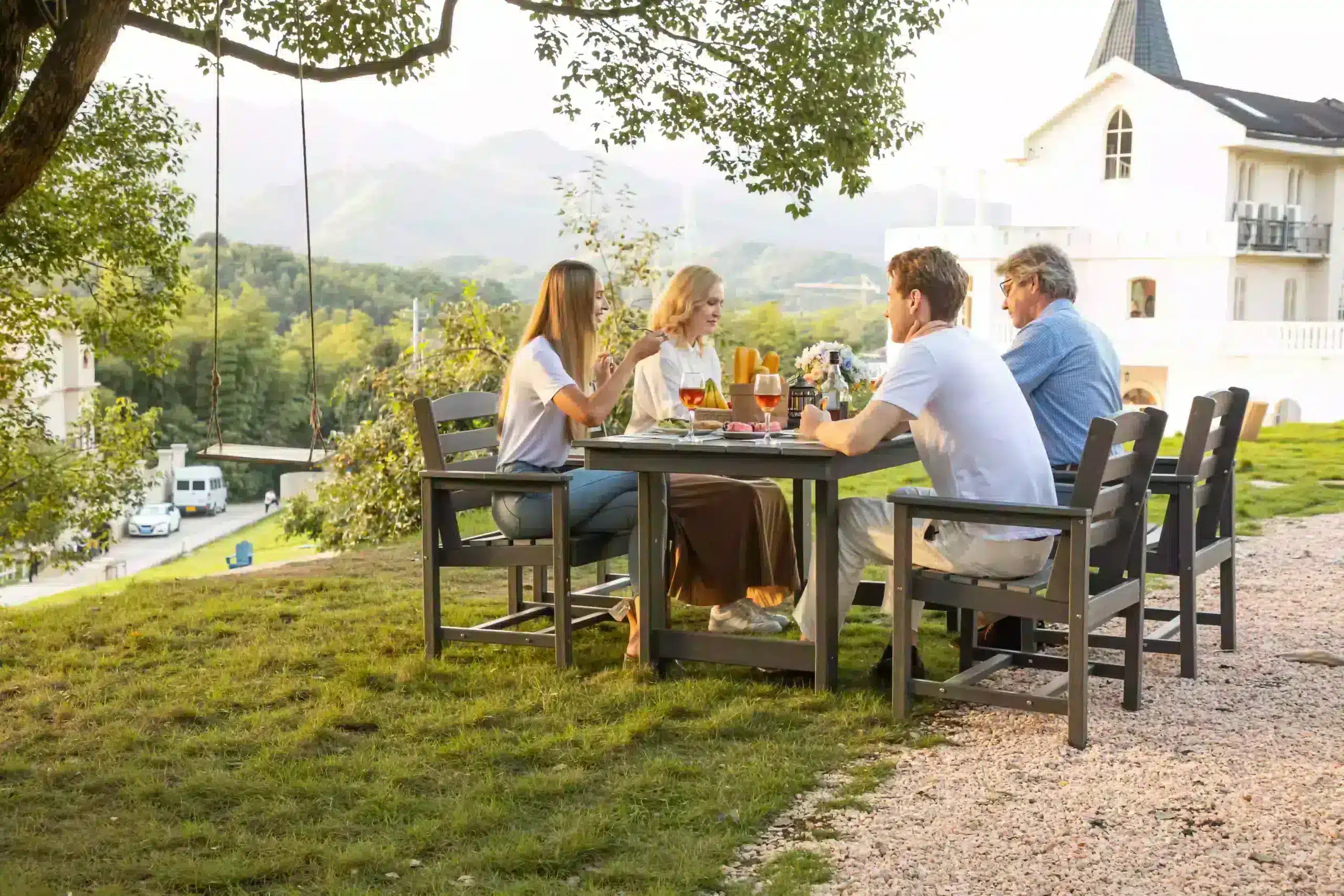 Family dinner on a 7-piece outdoor furniture set