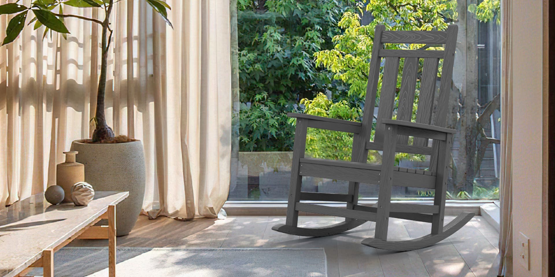 Dark Gray Outdoor Plastic Rocking Chairs on the porch
