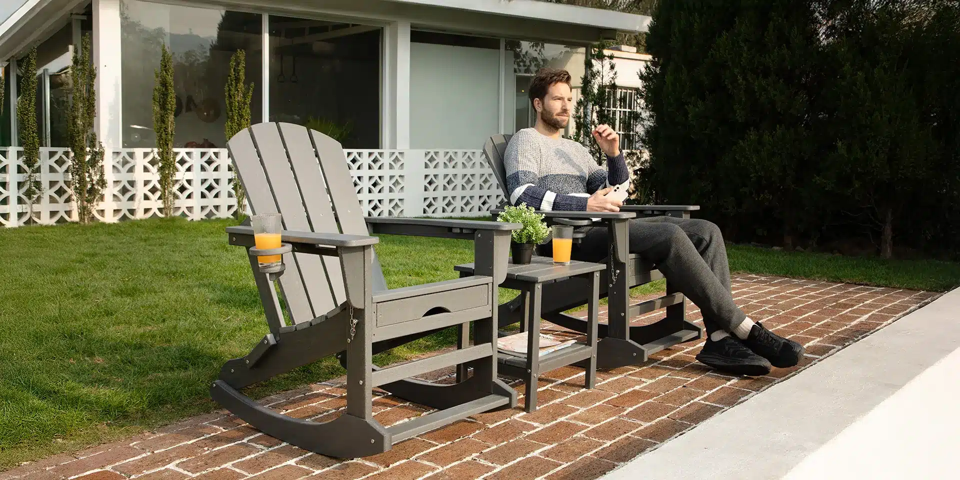 Adirondack Rocking Chair with Cup Holder by the pool