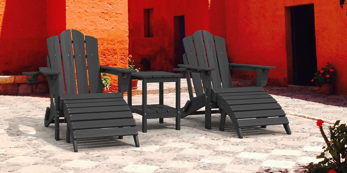 Dark Gray Plastic Adirondack Chair Ottoman on the Porch
