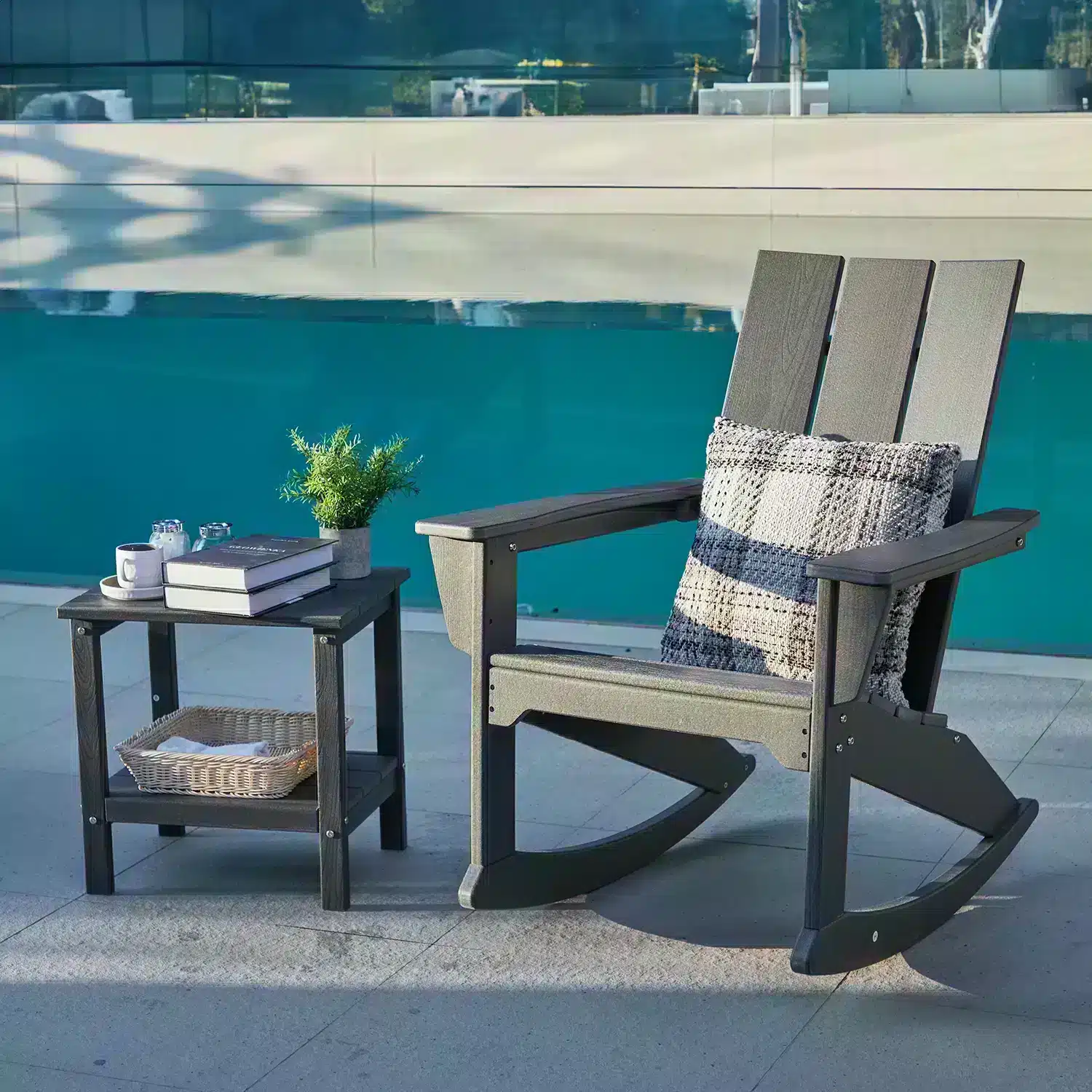 Modern Adirondack Rocking Chair with Side Table by the Pool