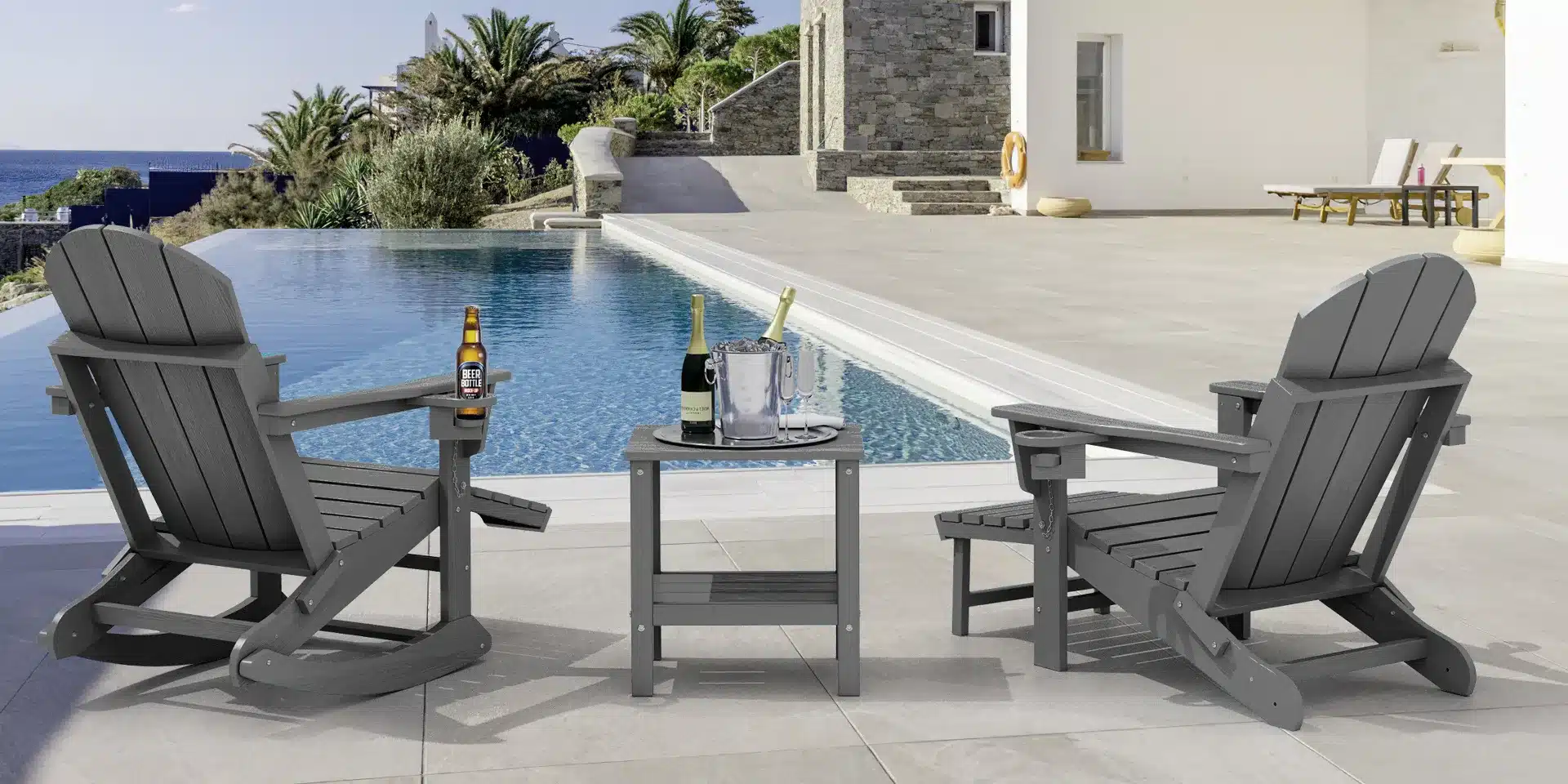 Folding Adirondack Rocking Chair with Side Table by the Pool