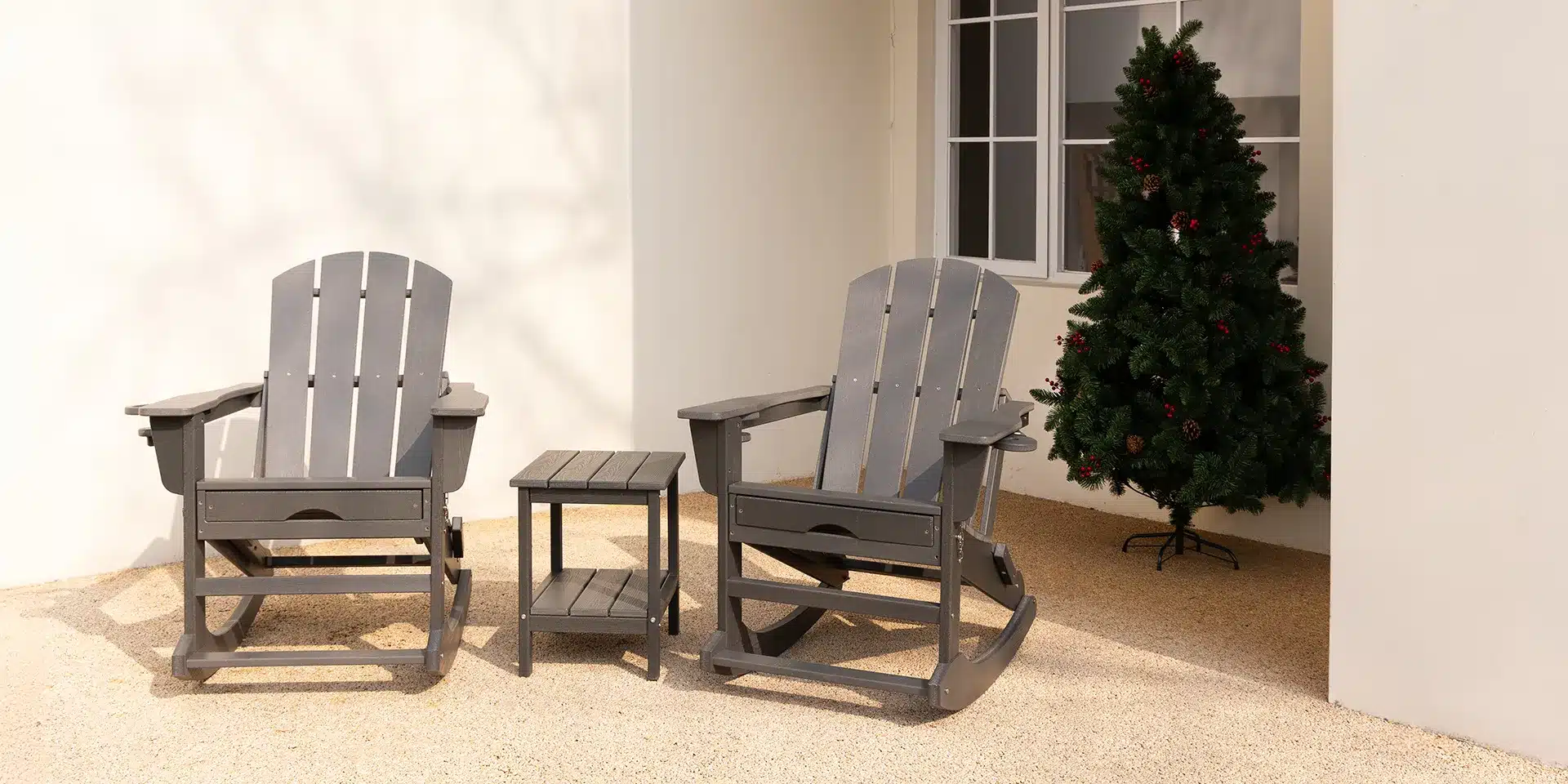 HDPE Rocking Adirondack Chairs with Side Table on the Front Porch