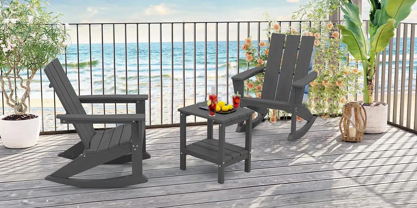 Two Gray Modern Adirondack Rocking Chairs by the Sea