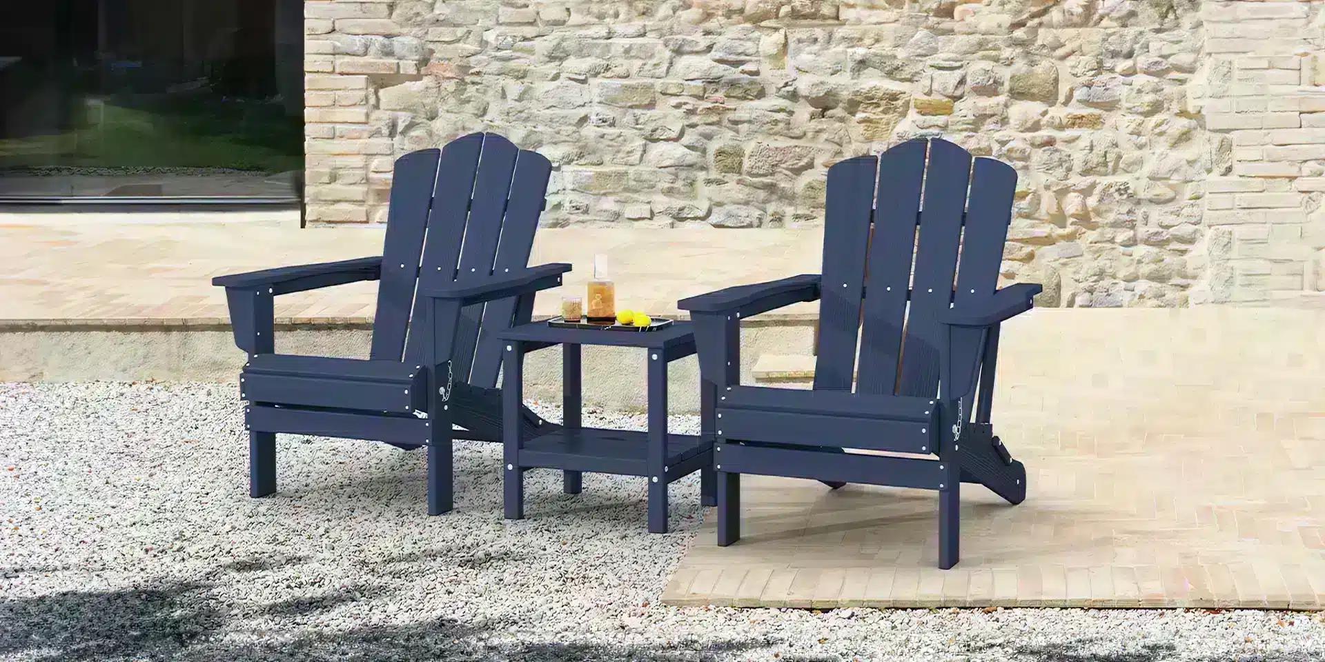 Navy Blue Recycled Plastic Adirondack Chairs with Side Table