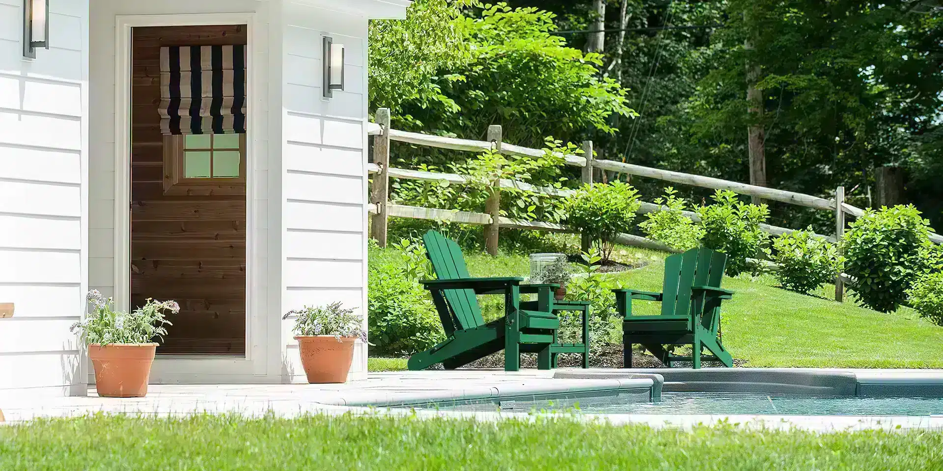 Green vintage foldable plastic Adirondack chairs by the pool (1)