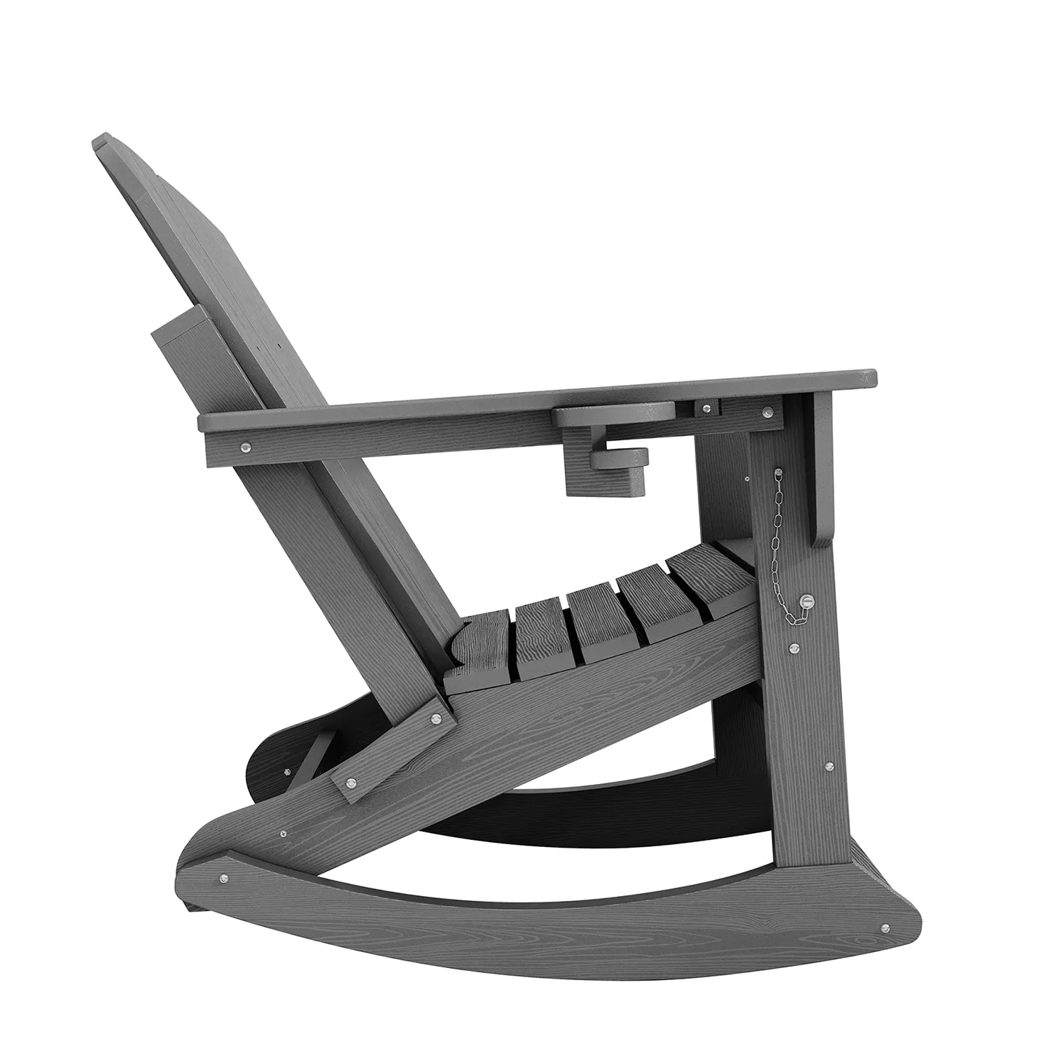 Single gray Adirondack chair on a terrace against mountain scenery