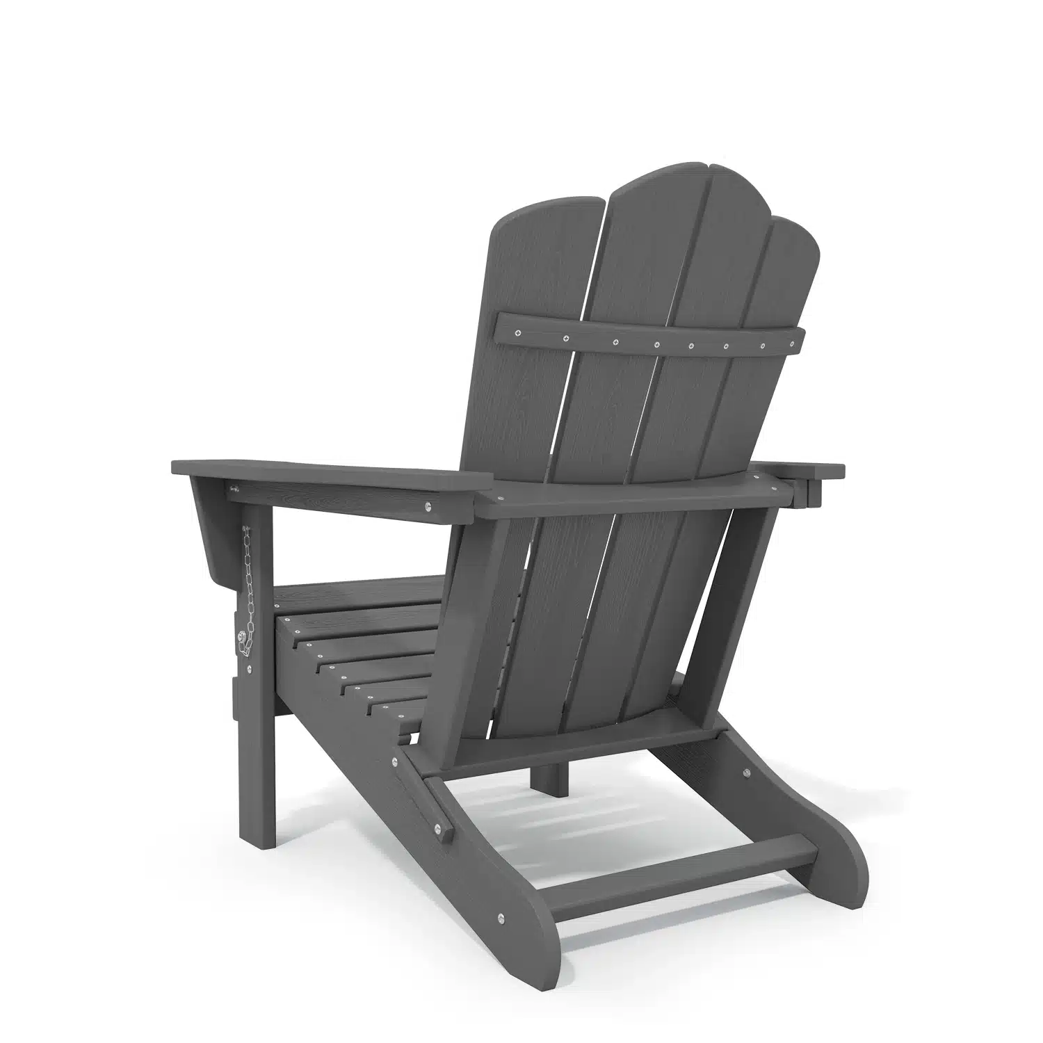 Two navy blue Adirondack chairs on a light deck near a pool