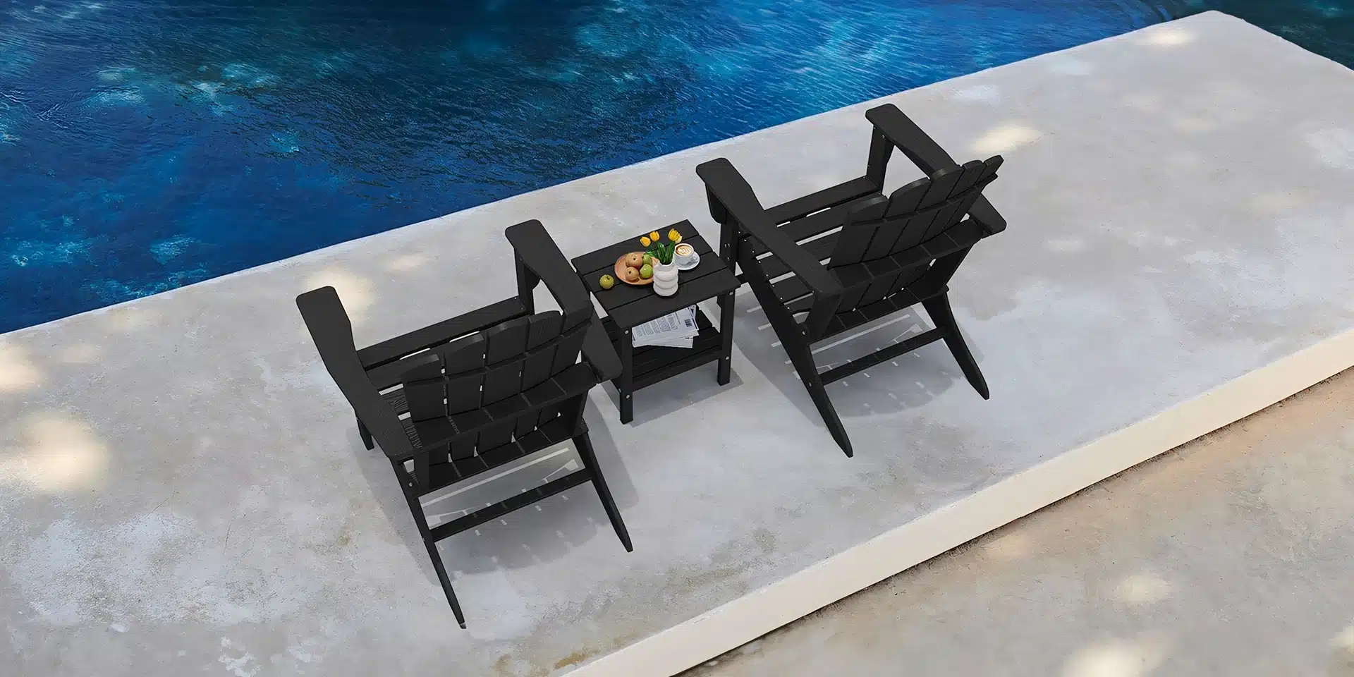 Poly Adirondack Chairs with Side Table by the Pool