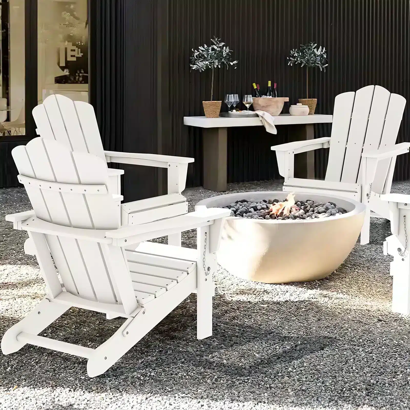 White Plastic Adirondack Chairs with Fire Pit
