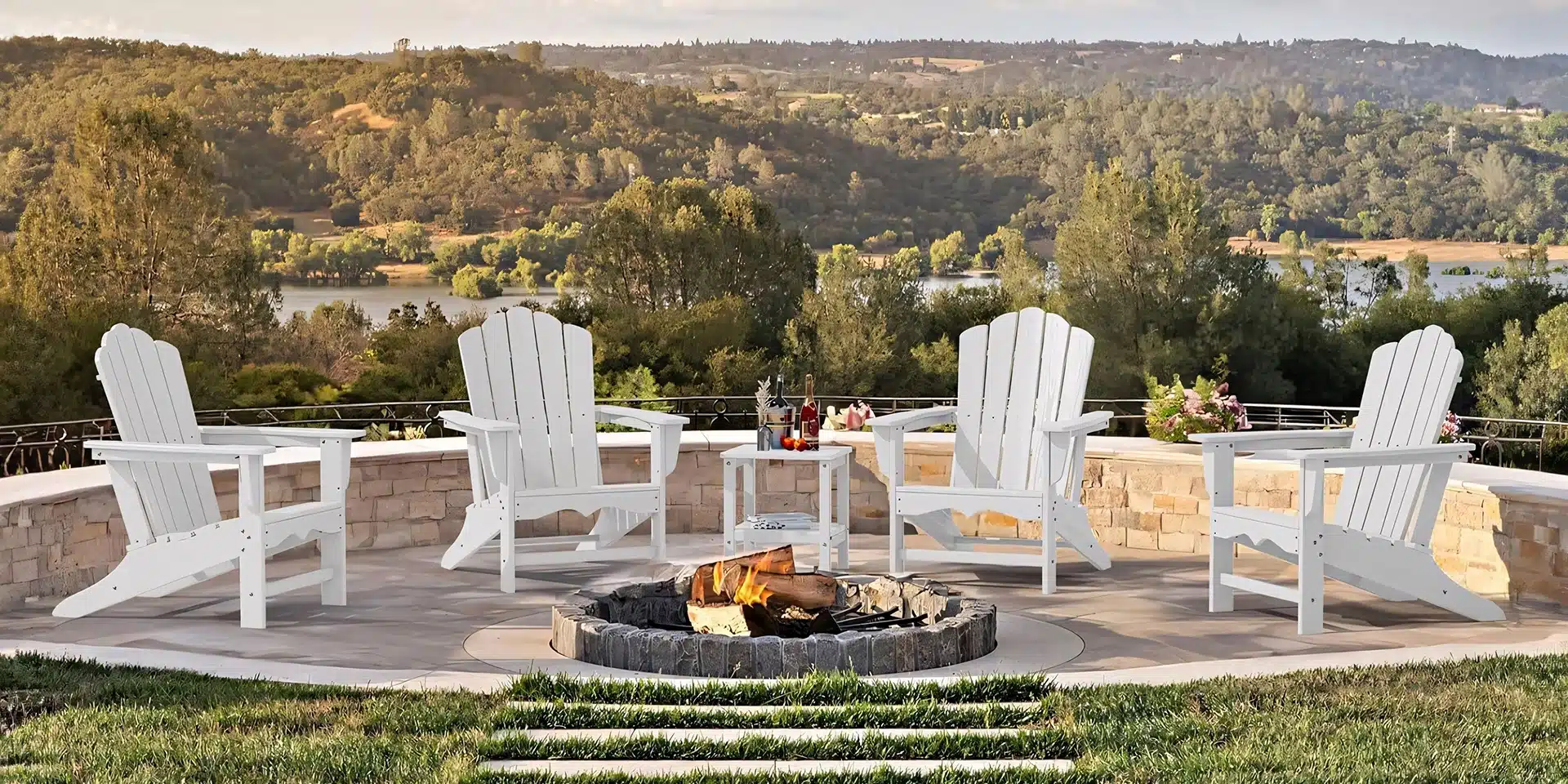 Poly White Adirondack Chairs Set with fire pit