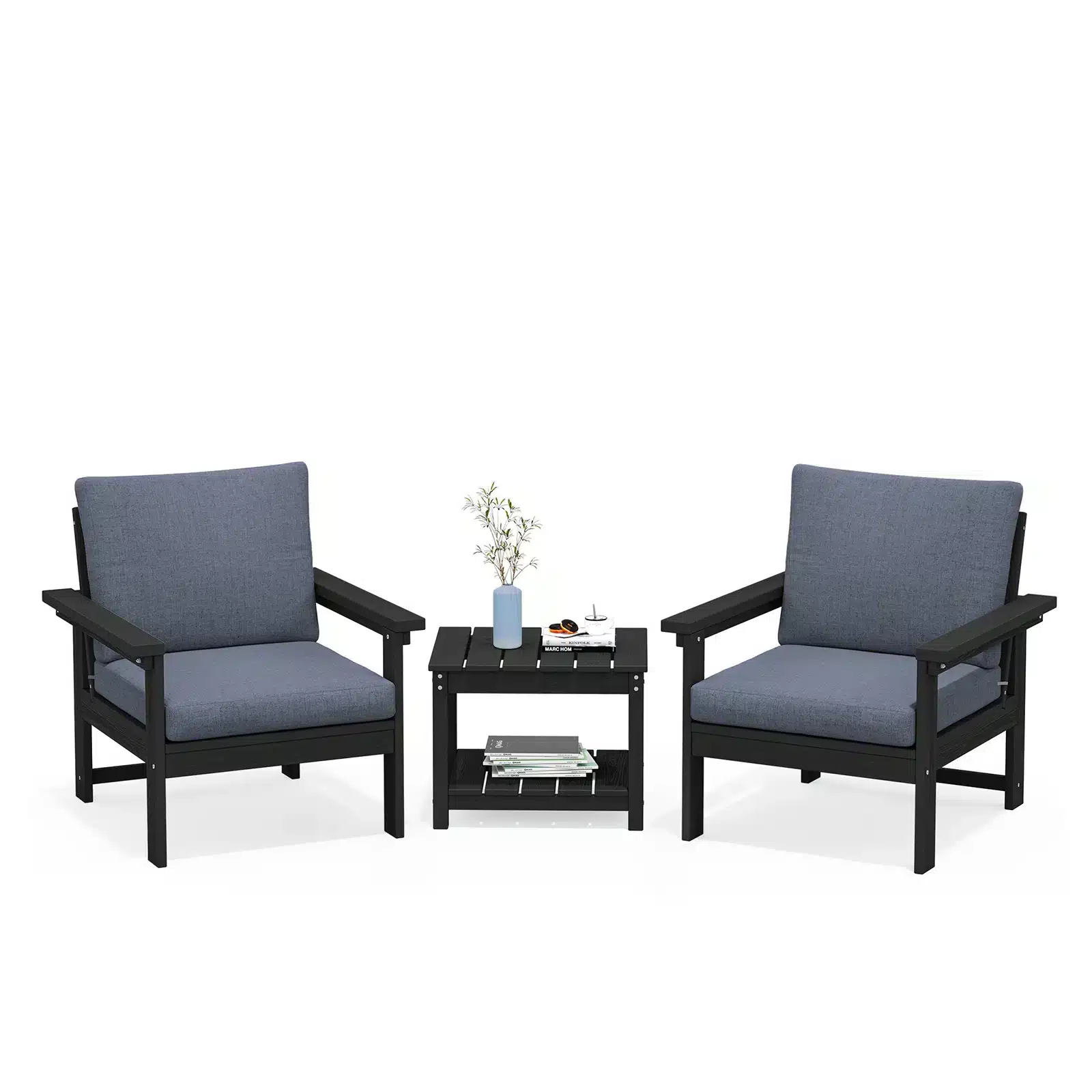 HDPE Poly 3-Piece Outdoor Deep Seating Sofa Conversation Set with Side Table - Black, Dark Gray, Navy