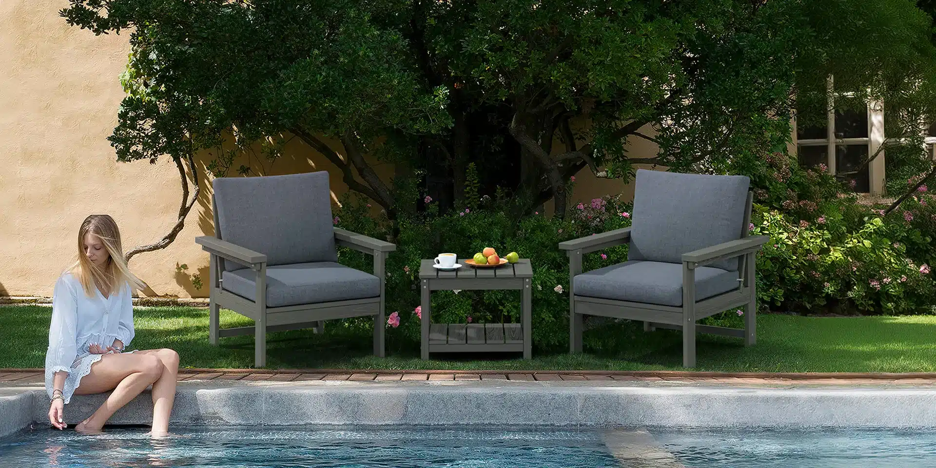 Small Conversation Set and a Woman by the Pool