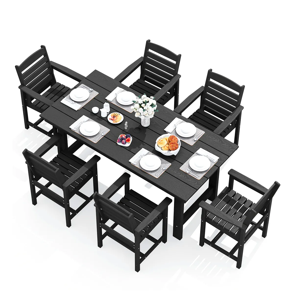HDPE Poly Outdoor 7-Piece Outdoor Dining Table and Arm Chairs Set - Aqua Blue, Black, Brown, Burgundy, Coffee, Dark Gray, Navy, White