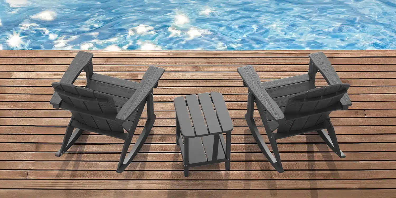 Dark Gray Plastic Adirondack Rocking Chair with Two Tier Side Table