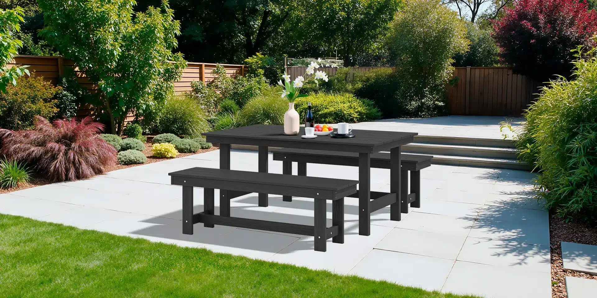 Dark Gray Outdoor Dining Bench Set on the Garden