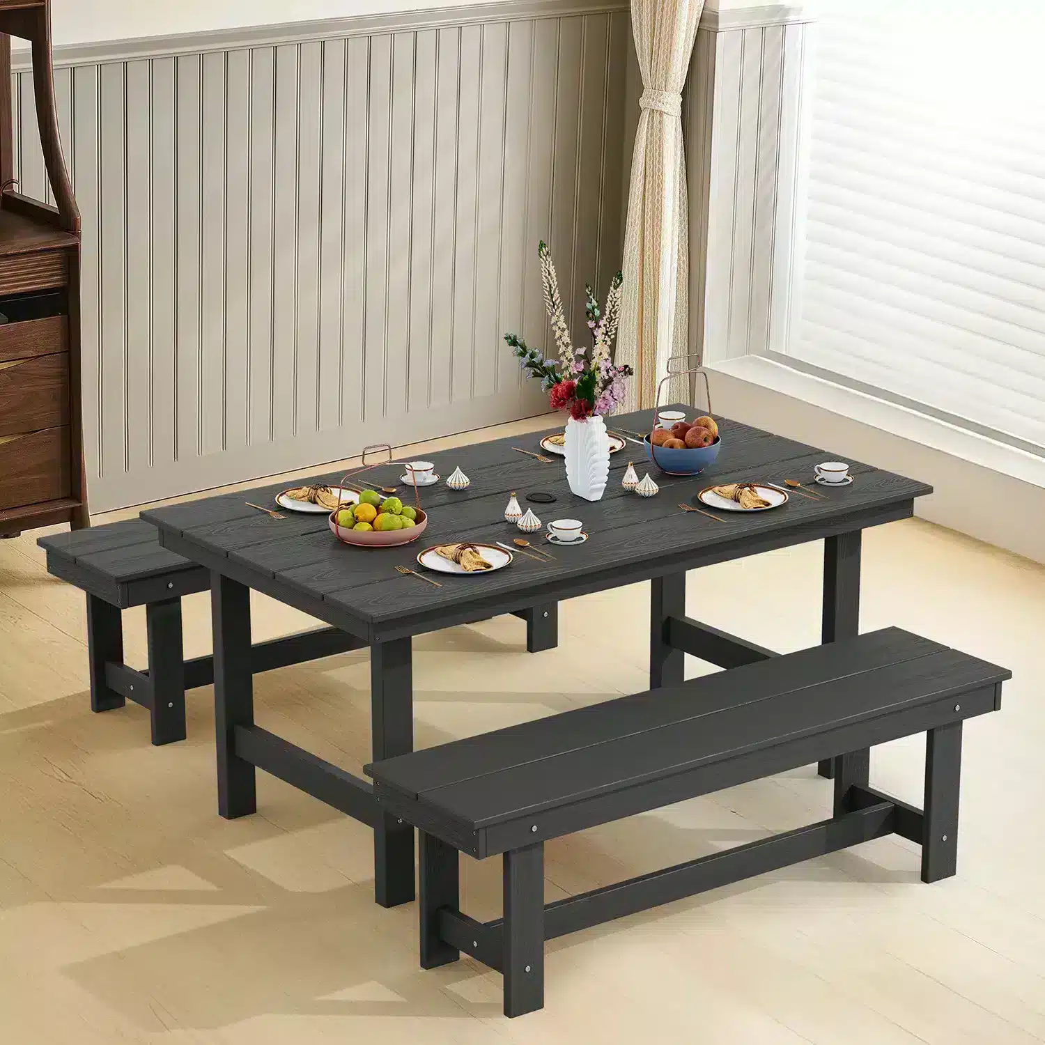 Dark Gray Outdoor Dining Bench with Dining Table on the Living Room