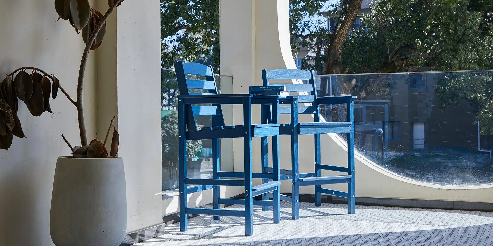 Navy Blue Counter Height Arm Chair Set of 2 on the Balcony