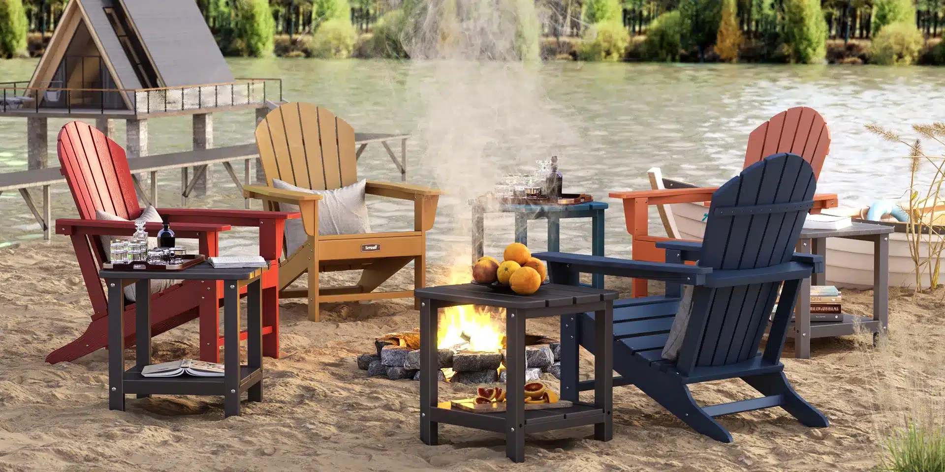 Adirondack chairs around the fire pit