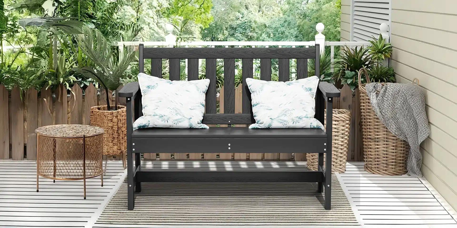 2 Person Recycled Plastic Garden Benche with white Cushions on the Porch