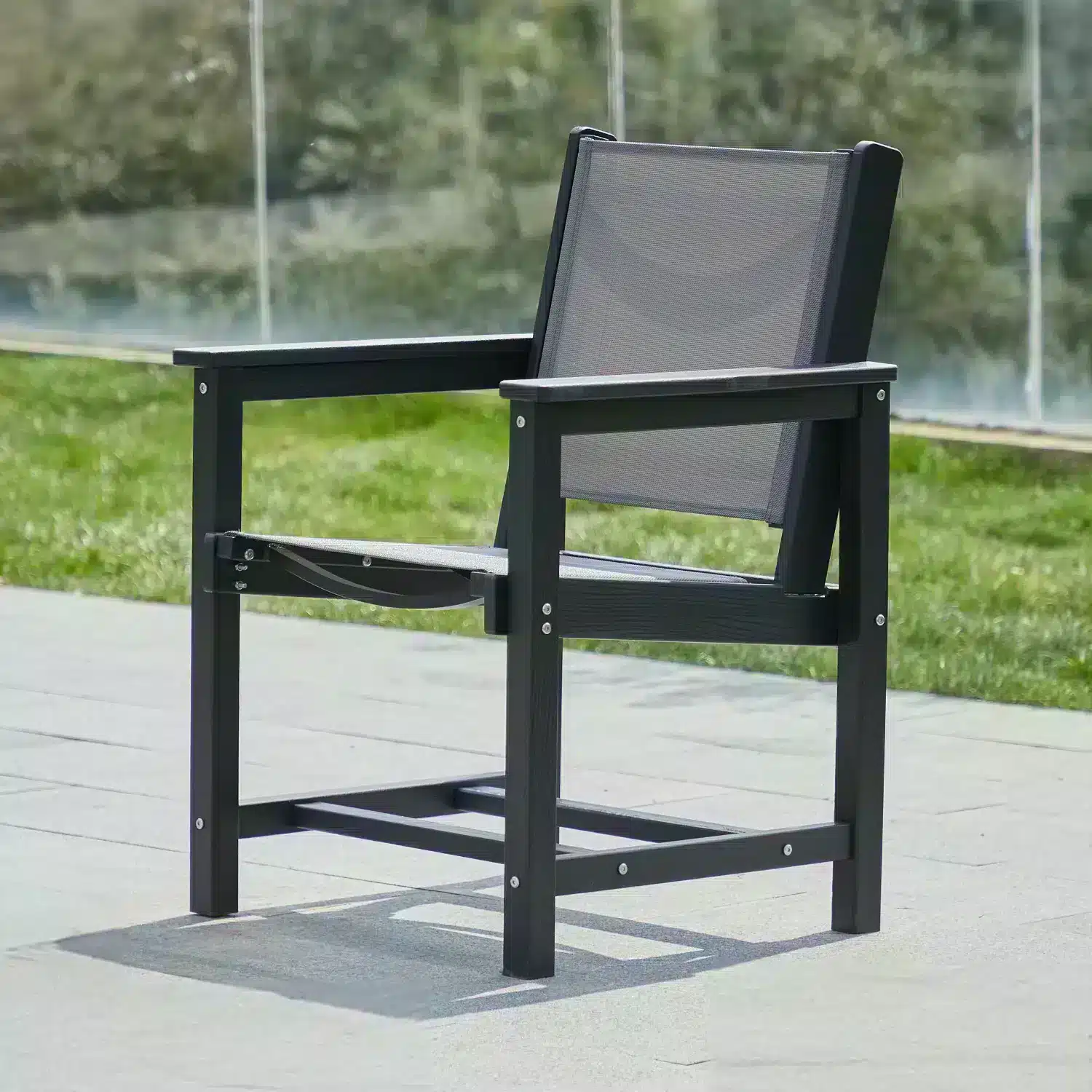 Dark Gray Sling Dining Chair on the Patio