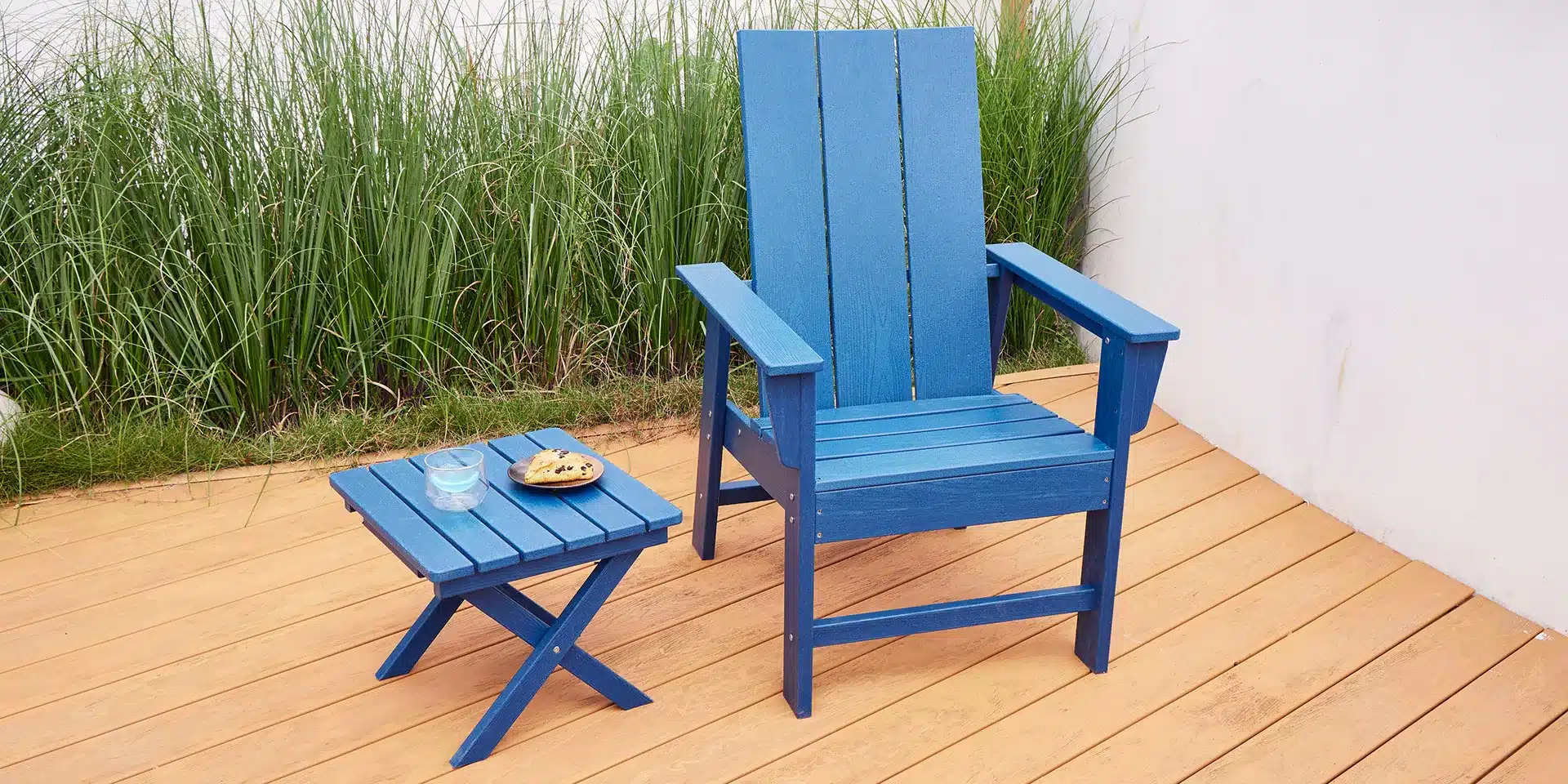 Navy HDPE Plastic Folding Side Table on the Deck