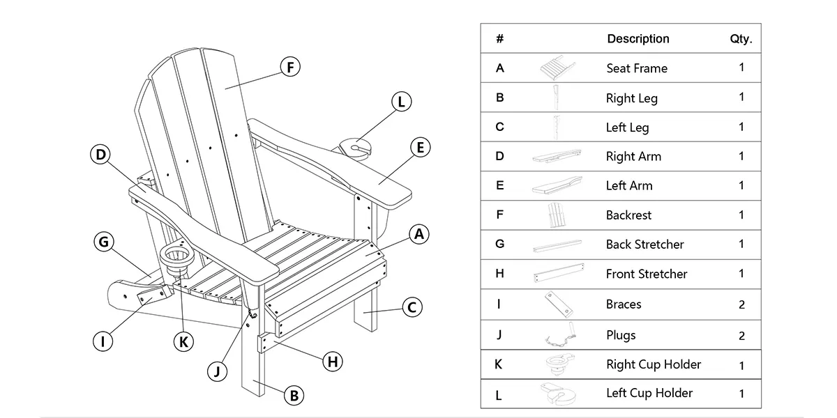 parts of Folding Adirondack Chair with Cup Holders