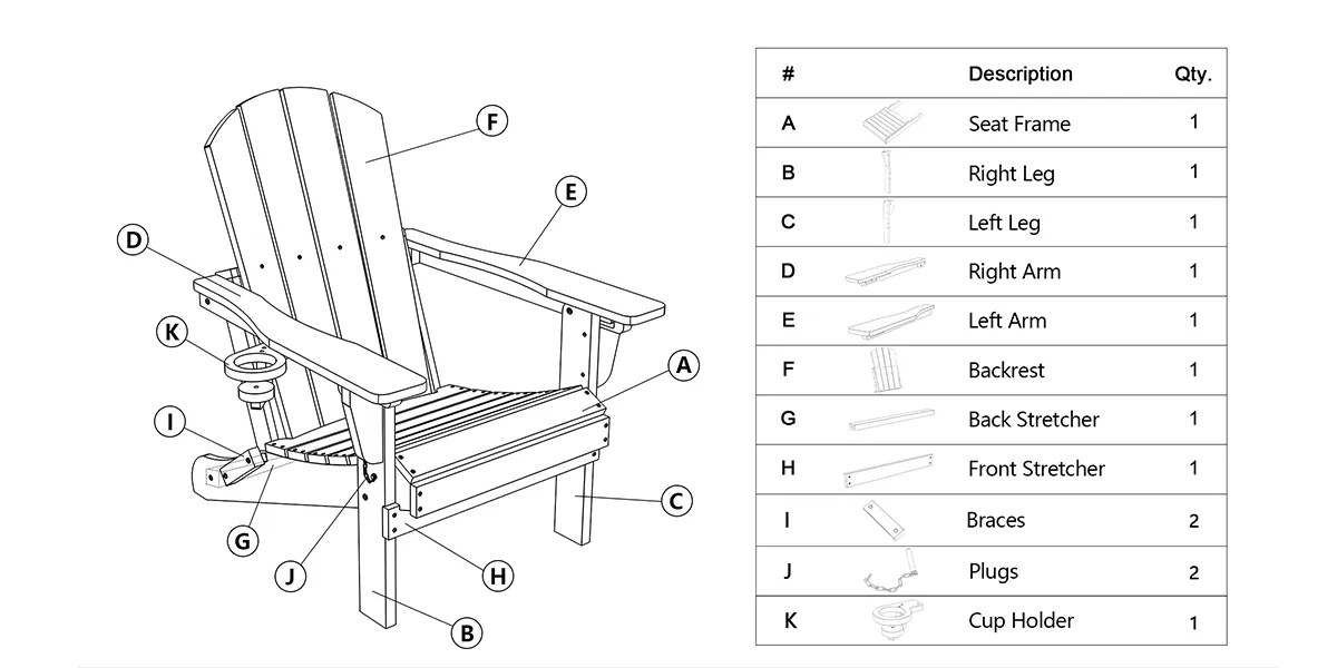 parts of Folding Adirondack Chair with Reclining Backrest