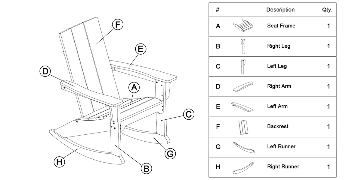 parts of Modern Adirondack Rocking Chair