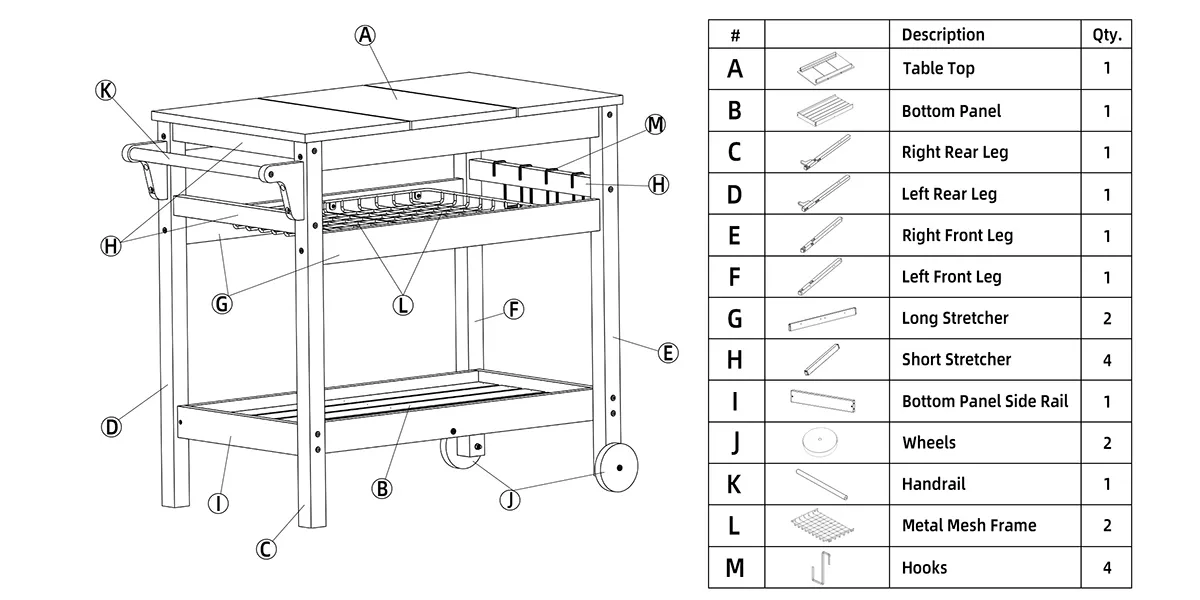 parts of Outdoor Dining Serving Cart with Wheels