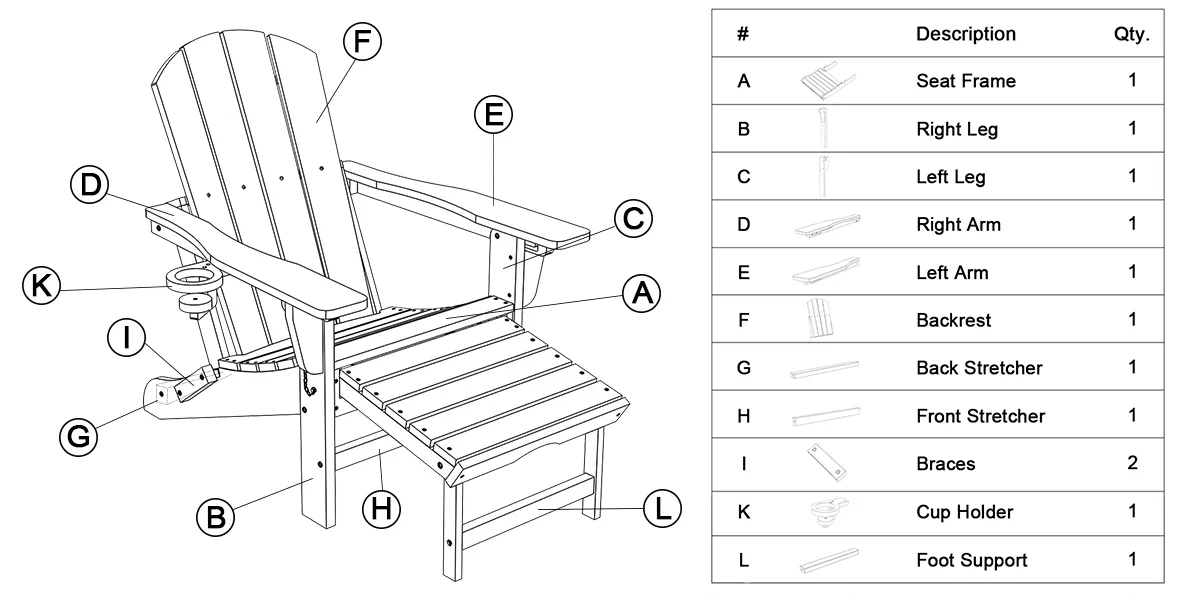 parts of Reclining Folding Adirondack Chair with Ottoman