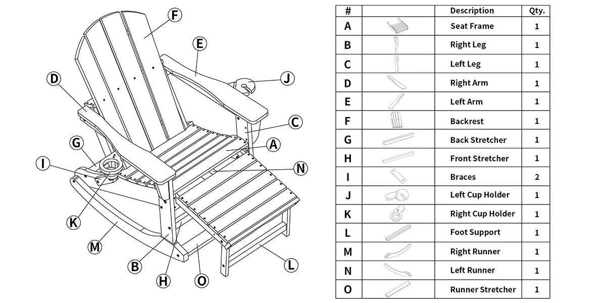 parts of Versatile Folding Adirondack Rocking Chair