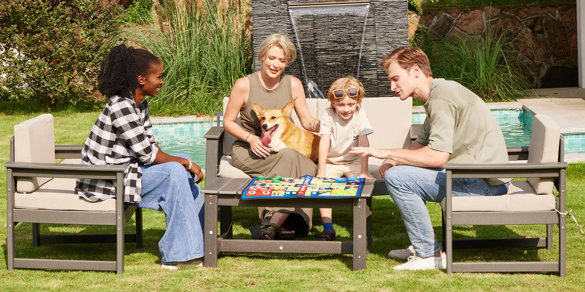 Family Playing Chess at the Outdoor Coffee Table