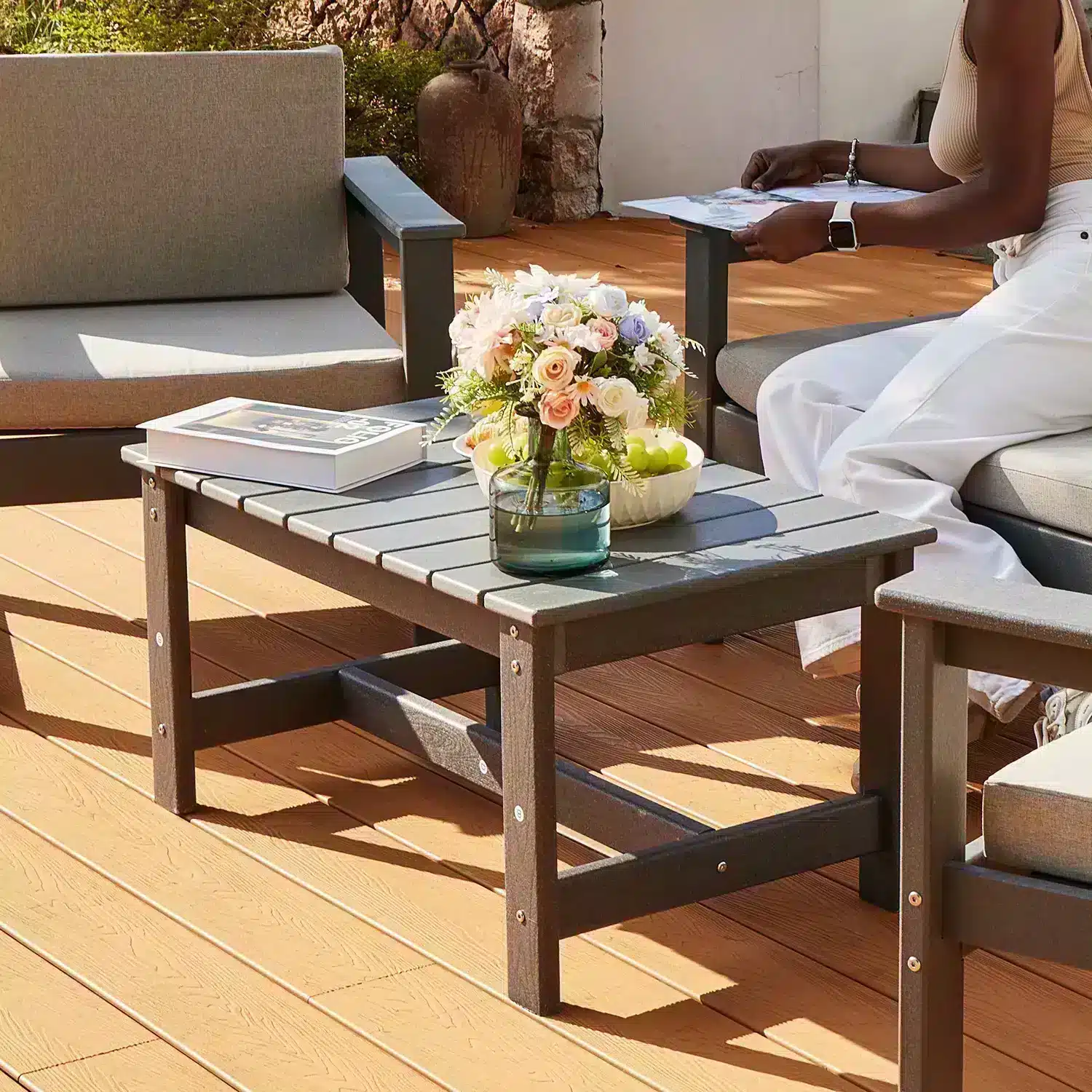 HDPE Outdoor Coffee Table with coffee, fruit and vase