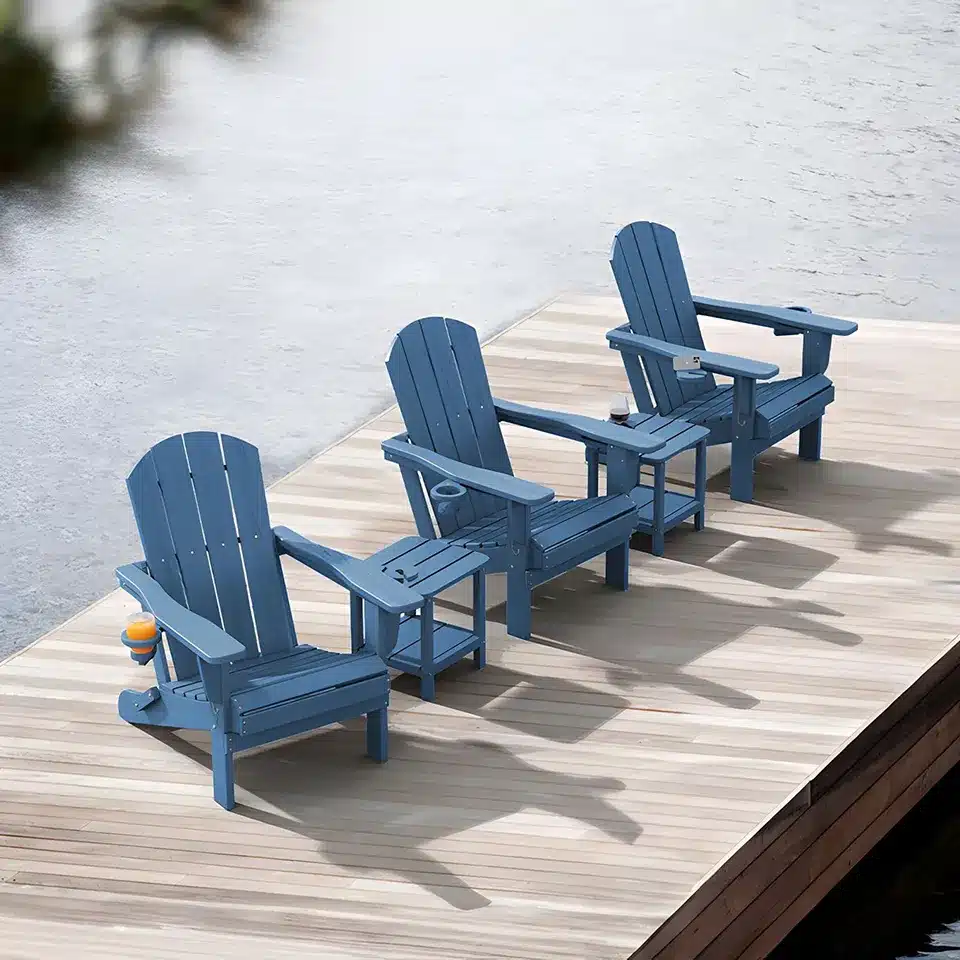 Three Classic Folding Adirondack Chairs by the Lake