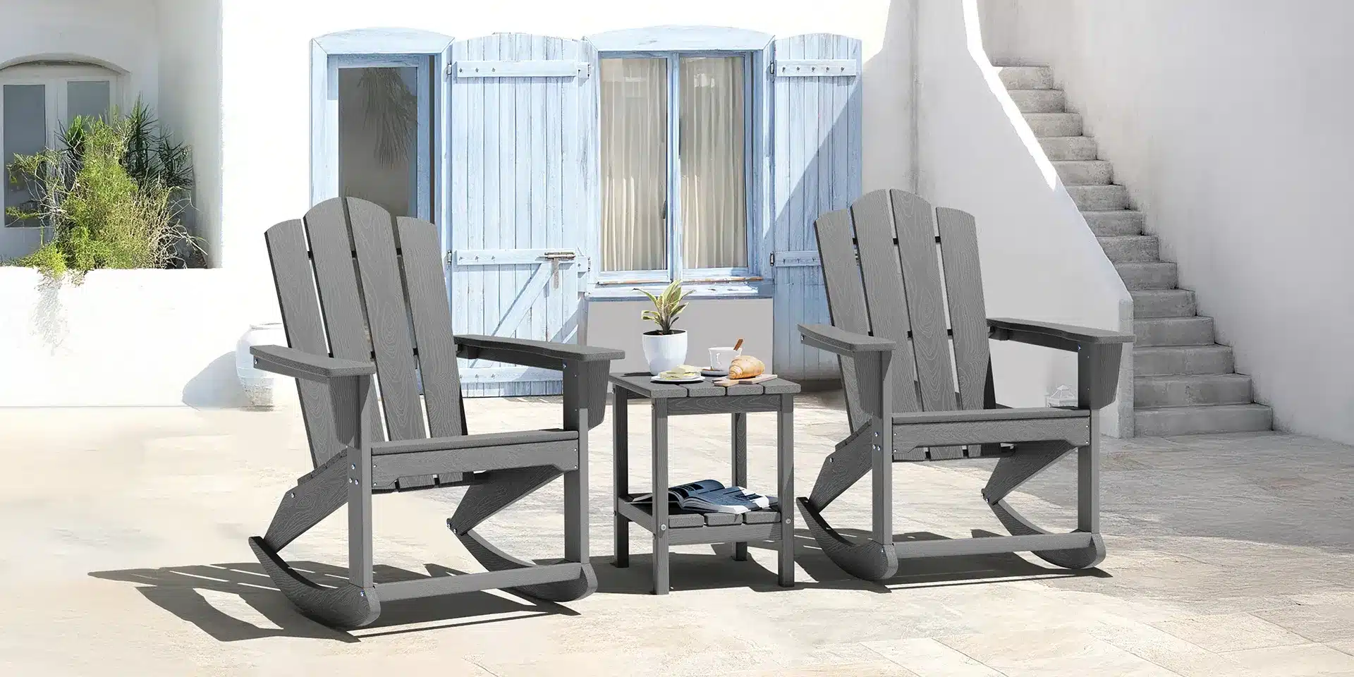 Vintage Poly Rocking Chair with Side Table on the Porch