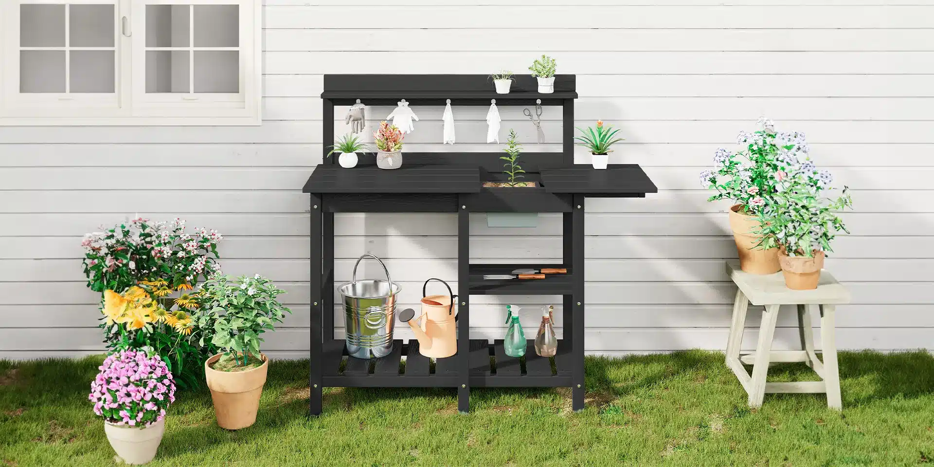 Black Potting Bench Table on the Grass