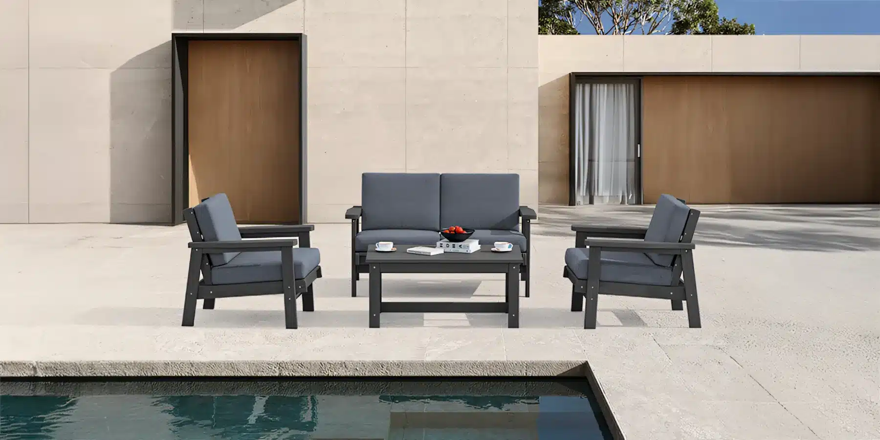 4 Piece Outdoor Sofa Set with Coffee Table by the Poolside