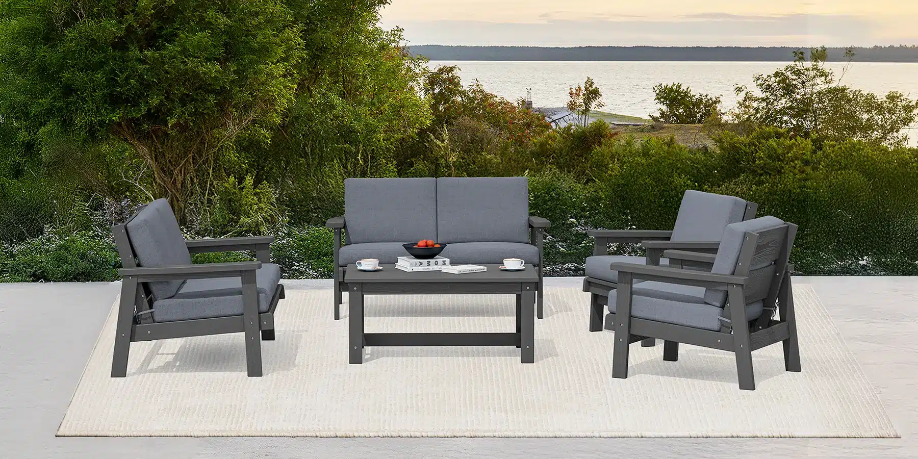 Dark Gray Outdoor 6 Seat Sofa Set with Coffee Table at Garden