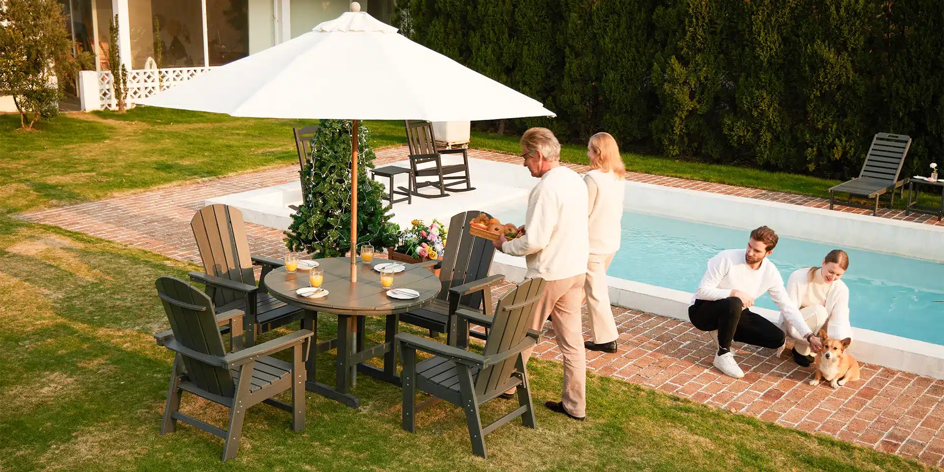 Outdoor Farmhouse Dining Table and Chair Set by the Poolside