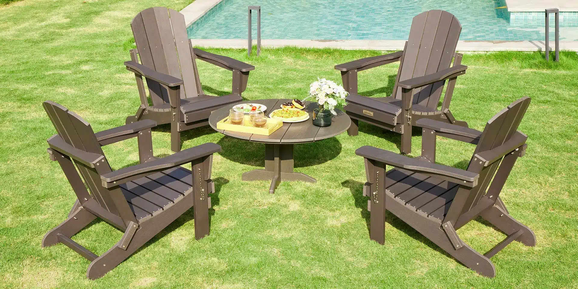 Brown 36 inch Outdoor Round Coffee Table with Brouwn Airondack Chairs